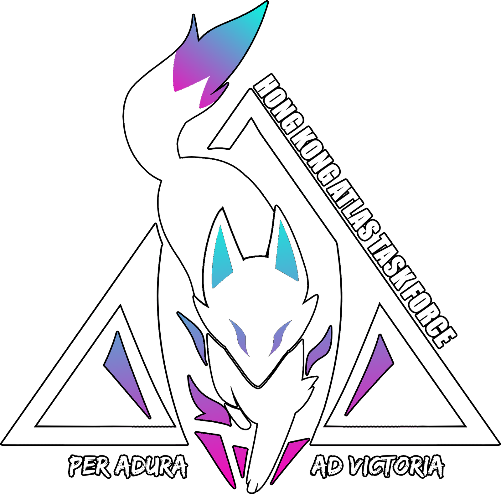 A stylized fox with gradient blue and purple accents leaps through a triangular frame. HONG KONG ATLAS TASKFORCE is written on the right, with PER ADURA and AD VICTORIA at the bottom.
